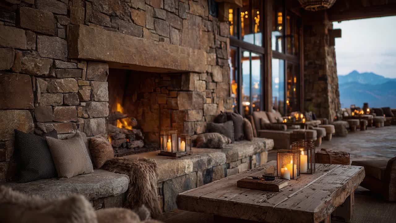 Un salotto rustico caldo e invitante con un caminetto accogliente, splendide viste sulle montagne ed eleganti accenti di luce di candela per il relax e gli incontri.