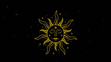 Animation-of-smiling-gold-sun-symbol-over-white-stars-moving-on-black-background