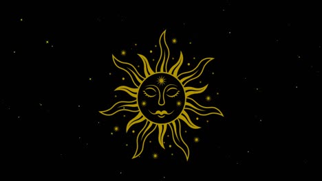 animation of smiling gold sun symbol over white stars moving on black background