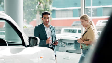customer talking to salesman at car dealership