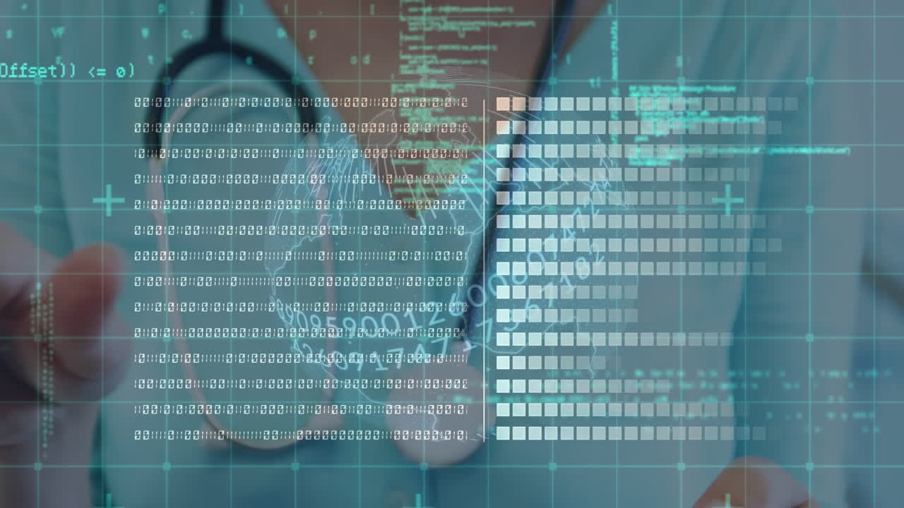 Animation of data processing and globe over biracial female doctor using tablet