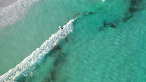 Vista-Aérea-De-Arriba-Hacia-Abajo-De-Un-Surfista-En-Las-Olas-Del-Océano-Turquesa-En-La-Esperanza-De-La-Bahía-De-La-Suerte,-Costa-Suroeste-De-Australia,-Disparo-De-Drones-De-Arriba-Hacia-Abajo