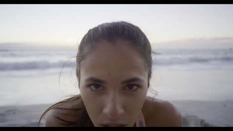 Running,-tired-and-face-of-a-woman-at-the-beach