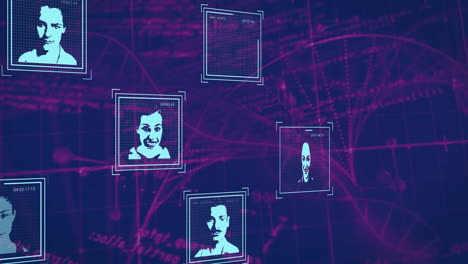 digital faces and data processing animation over abstract technological background