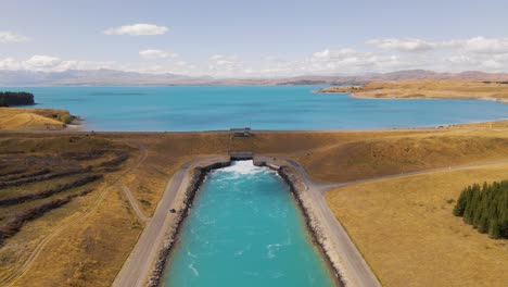 Hydro-canal-at-southern-end-of-Lake-Pukaki,-New-Zealand