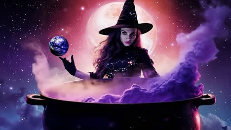 a witch stirring a cauldron under a full moon