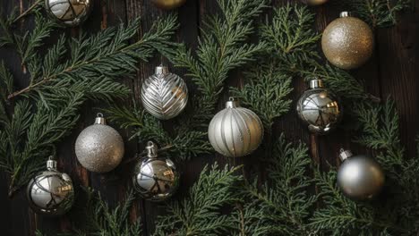 christmas ornaments and fir branches on dark wooden background