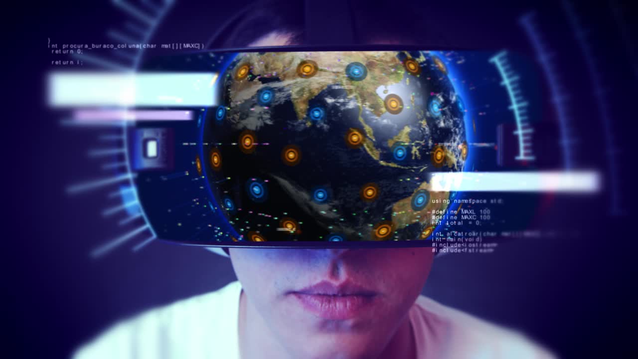 un joven guapo que usa auriculares vr y experimenta la realidad virtual.