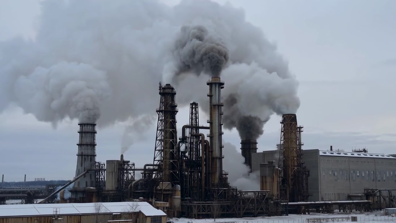 Multiple stacks emit dense vapor that billows upward and spreads across an overcast winter sky, while dark industrial towers stand behind a broad snow-covered ground.
