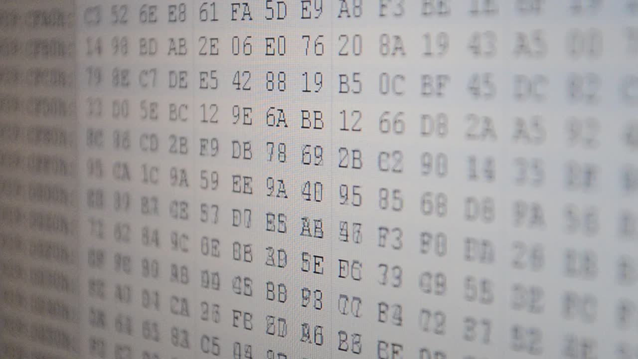 Work of the program for a code. Program code. Hexadecimal program code on screen. Animated background of moving binary code numbers