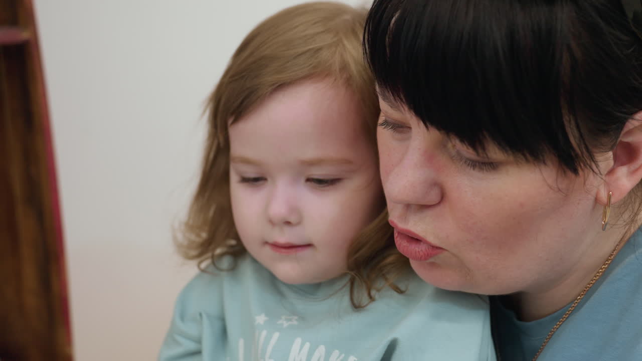 Caregiver carrying toddler while pointing direction to reading book, gentle guidance, smile, indoor room, soft light, child gaze following finger, learning moment, supportive posture, family scene