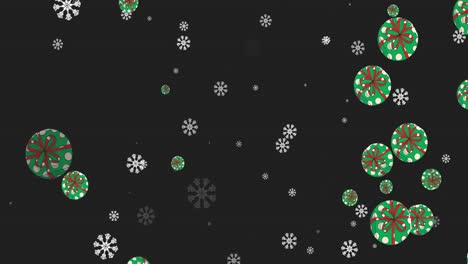 Snowflakes-and-Christmas-presents-falling-against-black-background