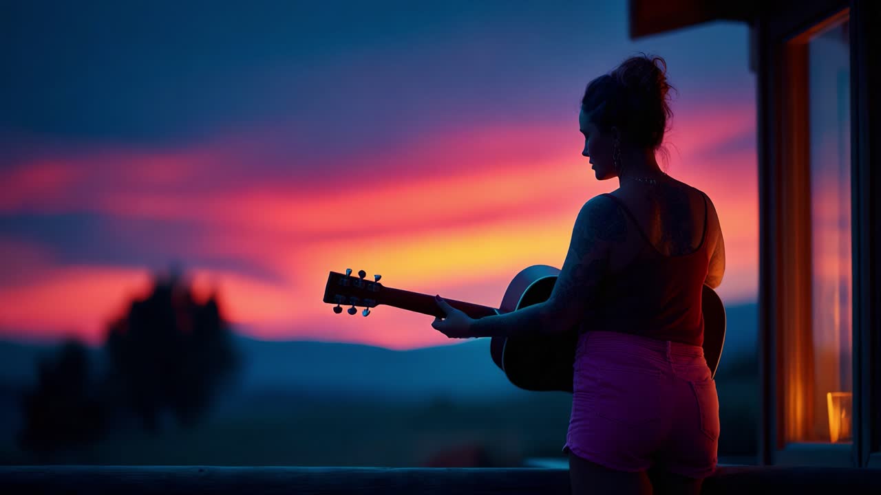 En fredfyldt aftenstemning med en silhuet af en musiker ved solnedgang, der spiller guitar med livlige farver på himlen, hvilket skaber en perfekt baggrund for musikalsk inspiration