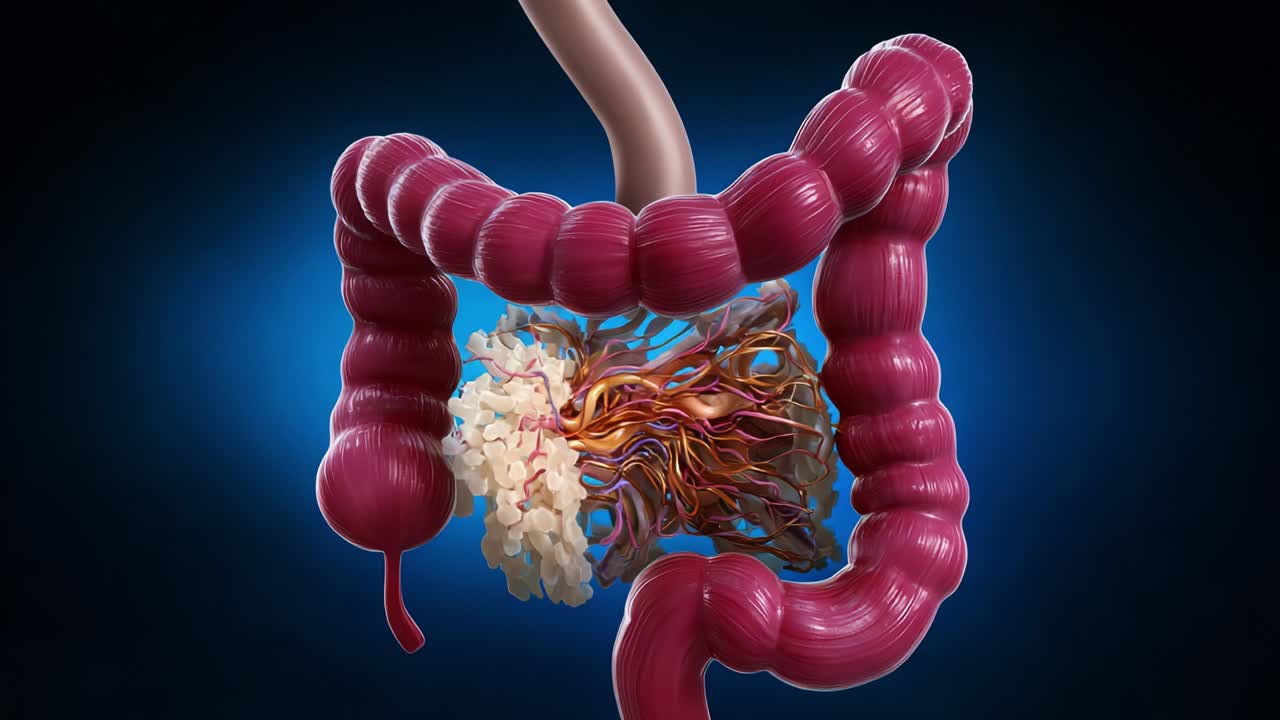 Detailed Anatomical Representation of the Human Digestive System, Showcasing the Complex Structure of the Intestines, Including Both the Large and Small Intestines, and Highlighting Their Interconnected Functions