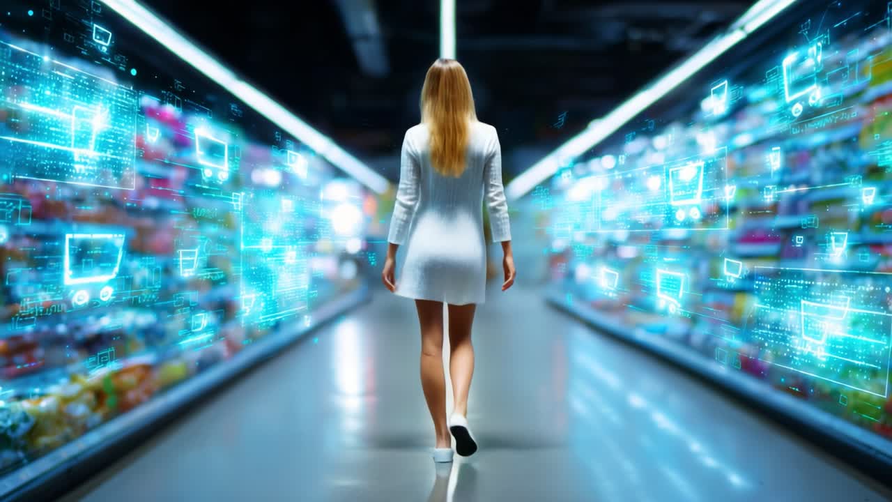 A Woman in a Digital Supermarket: Exploring a Futuristic Aisle Filled with Colorful Products and Overlay of Virtual Interface, Symbolizing Advanced Shopping Experience