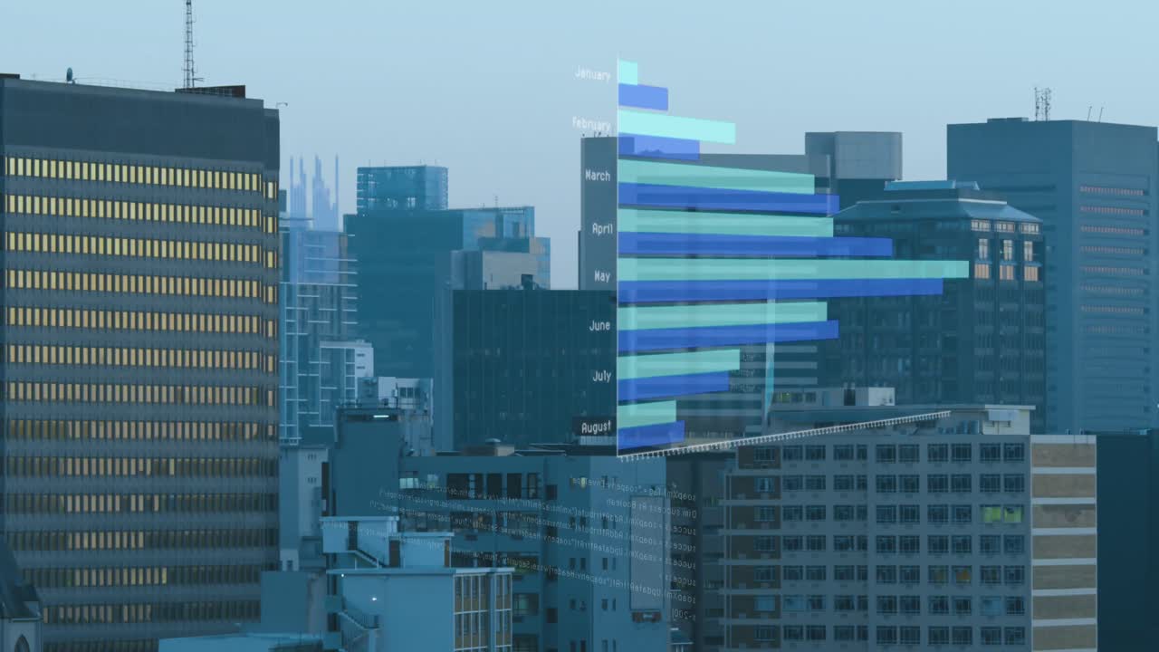 높은 건물의 공중 전망에 대한 통계 데이터 처리와 함께 화면의 애니메이션