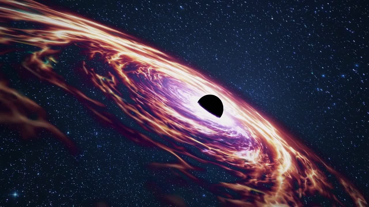 A cosmic video concept showing a black hole with swirling gases, captured from a wide-angle