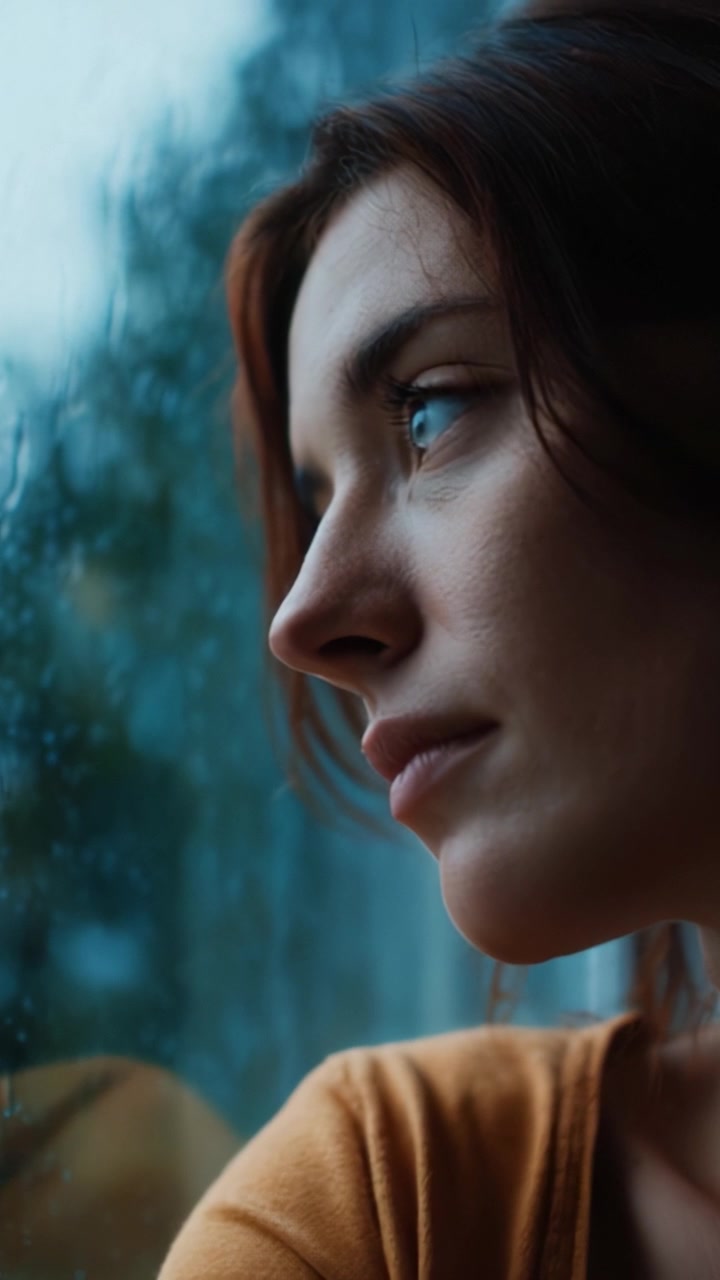 Una mujer contemplativa mira a través de una ventana salpicada de lluvia, reflexionando sobre la vida y las emociones mientras el mundo exterior se difumina por la lluvia que cae.