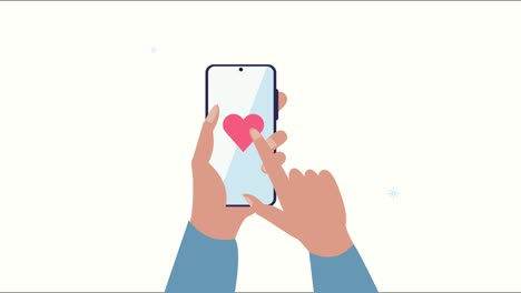 usando el teléfono inteligente con las manos del corazón de las redes sociales