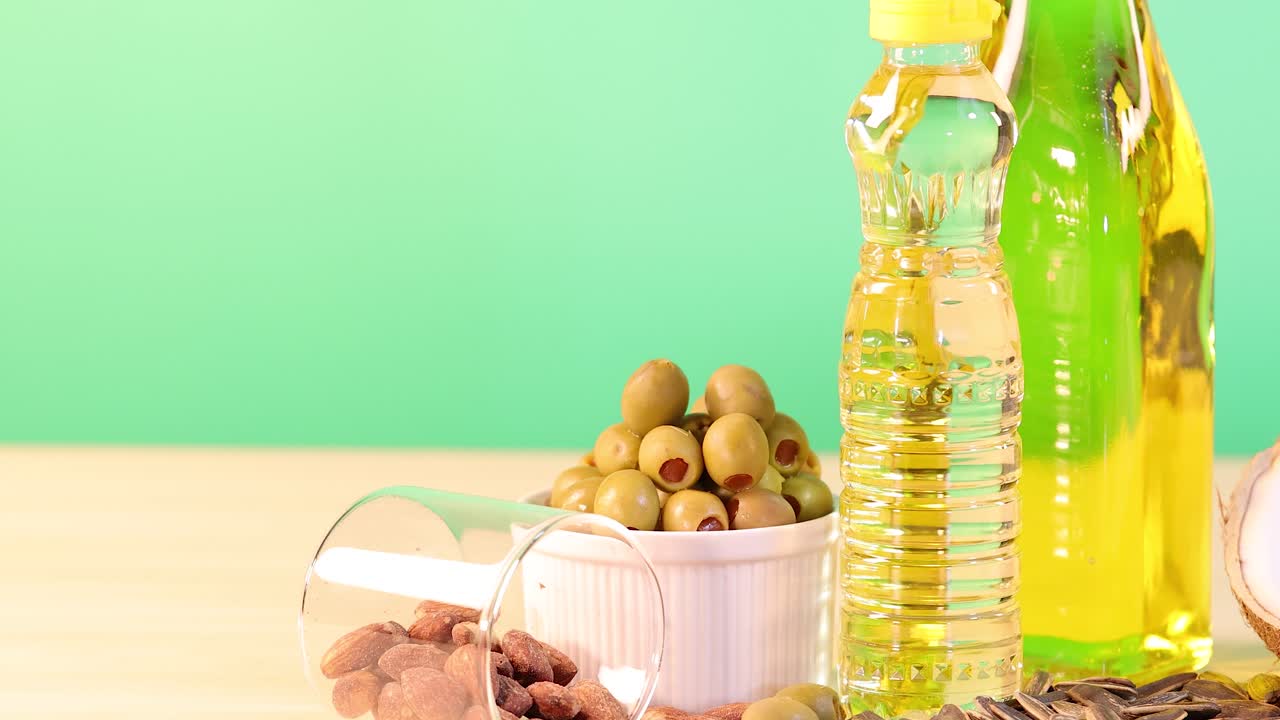 Bottles of oil and bowls of nuts and seeds on a wooden table with a green background. Bright lighting enhances colors