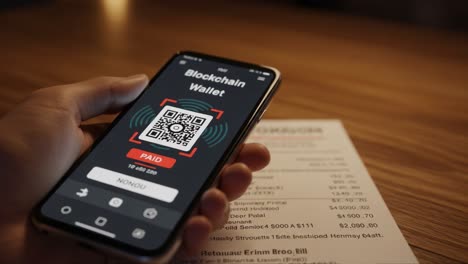demonstrating a blockchain wallet payment process with qr code at a dining table, showcasing modern financial technology in action
