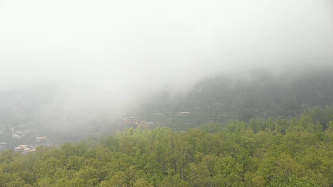 Aerial drone footage flying upward into the clouds in El Qammouaa Forest, Akkar Lebanon