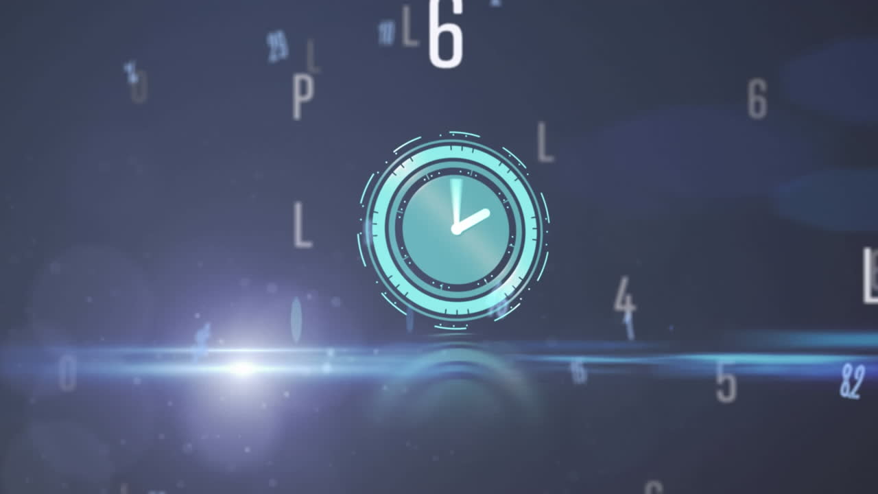 Animation of clock with numbers and letters changing on blue background