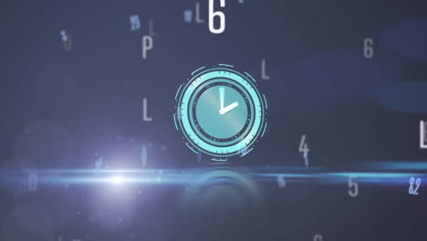 animación del reloj con números y letras cambiando en fondo azul