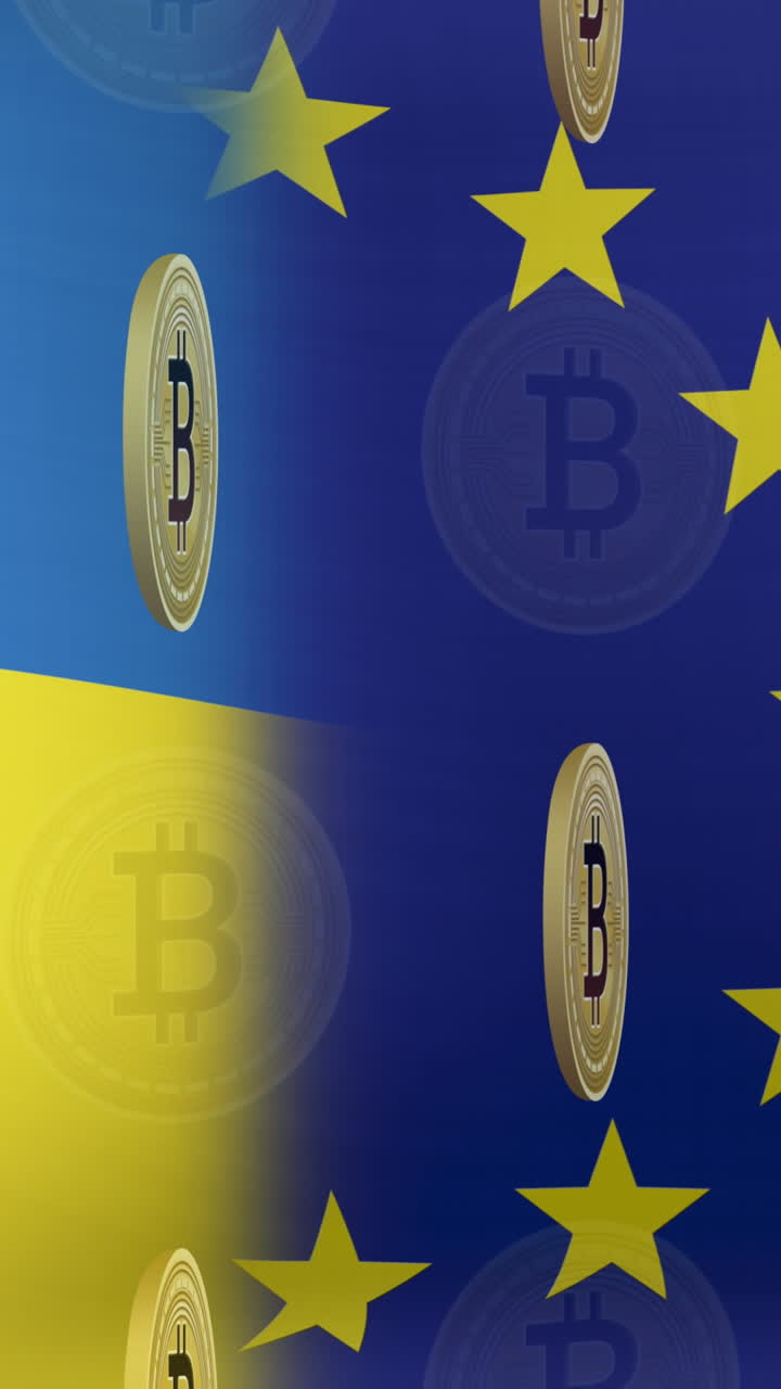 우크라이나 와 유럽 연합 의  ⁇ 발 위 에 있는 비트코인 기호 의 애니메이션