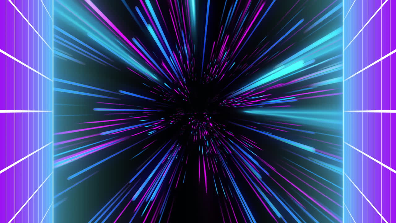 Animation of side grids over strobing blue and pink neon light beams on black background