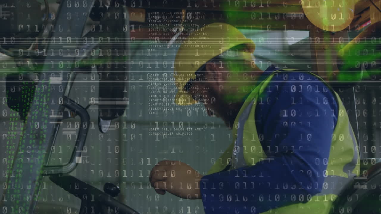 Animation of data processing over caucasian male worker in warehouse