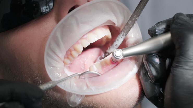 Procedura di sbiancamento dentale. Gel sbiancante per denti. Il dentista esegue la procedura di sbiancamento