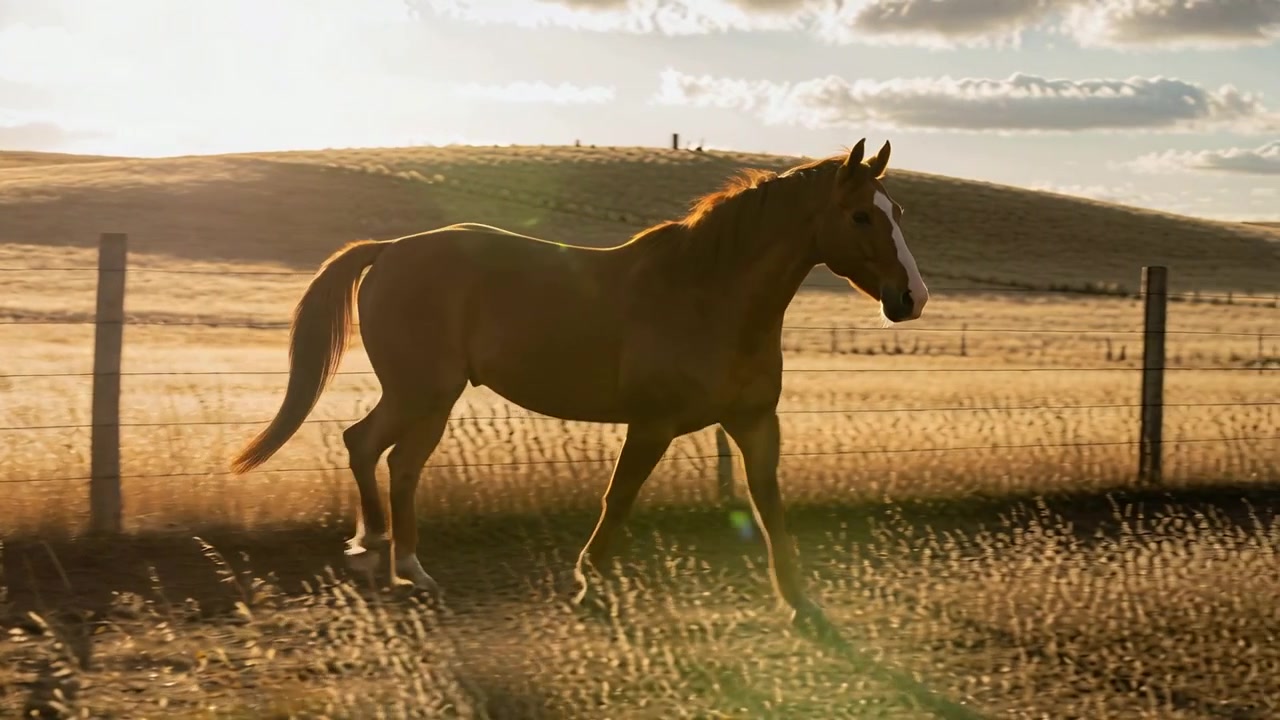 Cavallo baio con stella bianca che cammina attraverso il pascolo con luce calda, avvicinandosi a un cancello di metallo