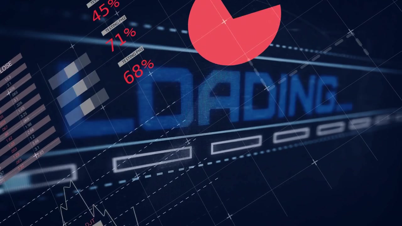 Animated Digital Interface Showing Data Loading and Financial Analytics