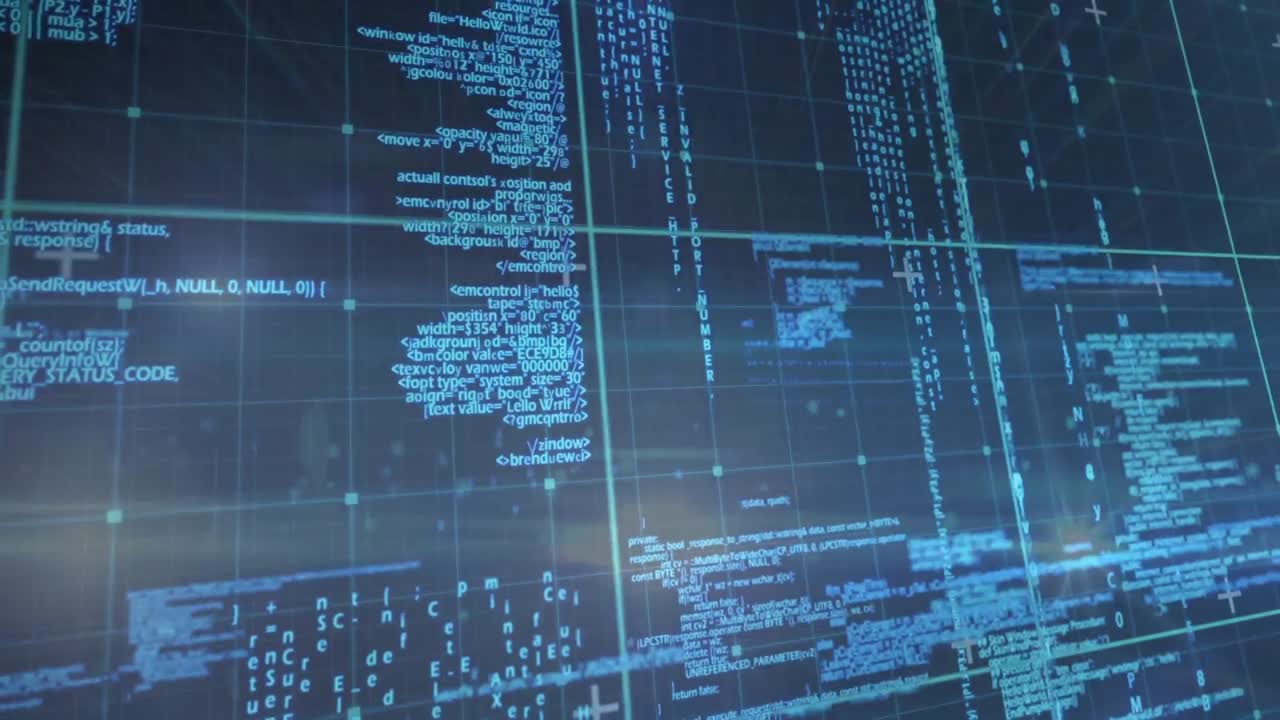 파란색 배경에 있는 데이터 처리 및 바이너리 코딩의 애니메이션