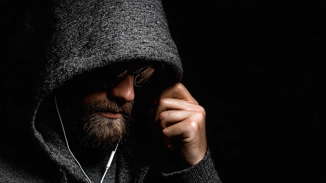 A contemplative figure in a hooded sweater, deeply focused and immersed in thought, showcases an introspective moment that evokes mystery and depth against a dark background