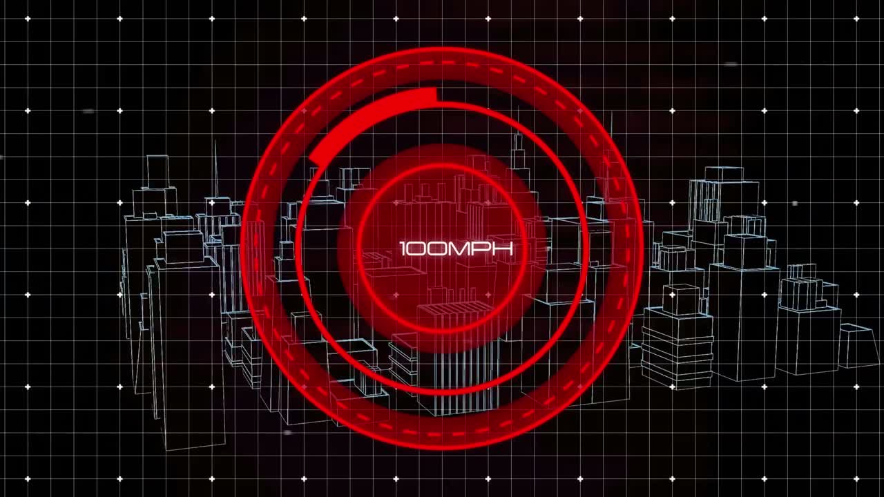 Animation of data processing over city on black background