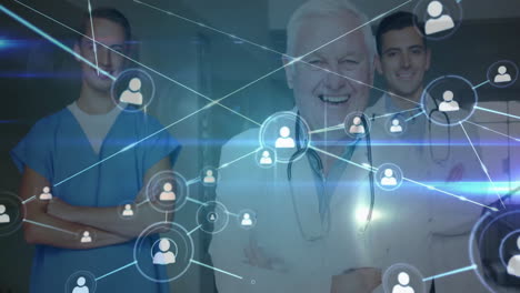 smiling medical professionals with digital network animation in hospital setting