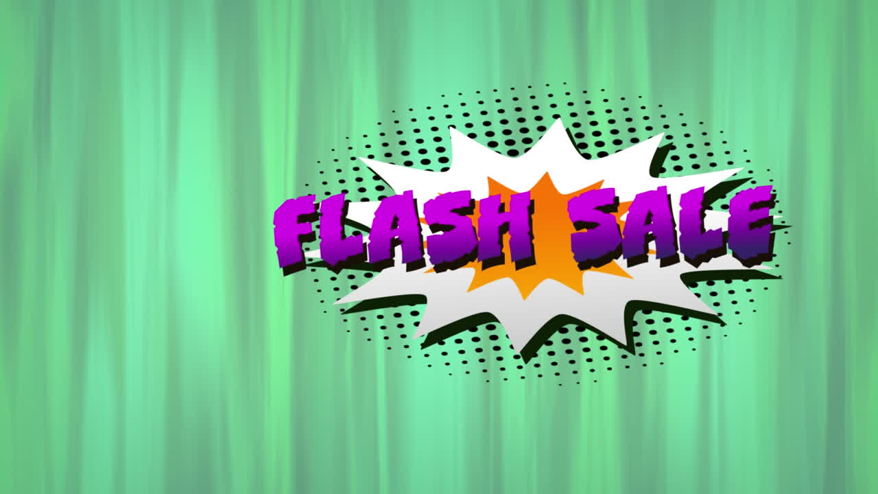 animación de texto de venta flash sobre burbuja de habla retro sobre fondo verde