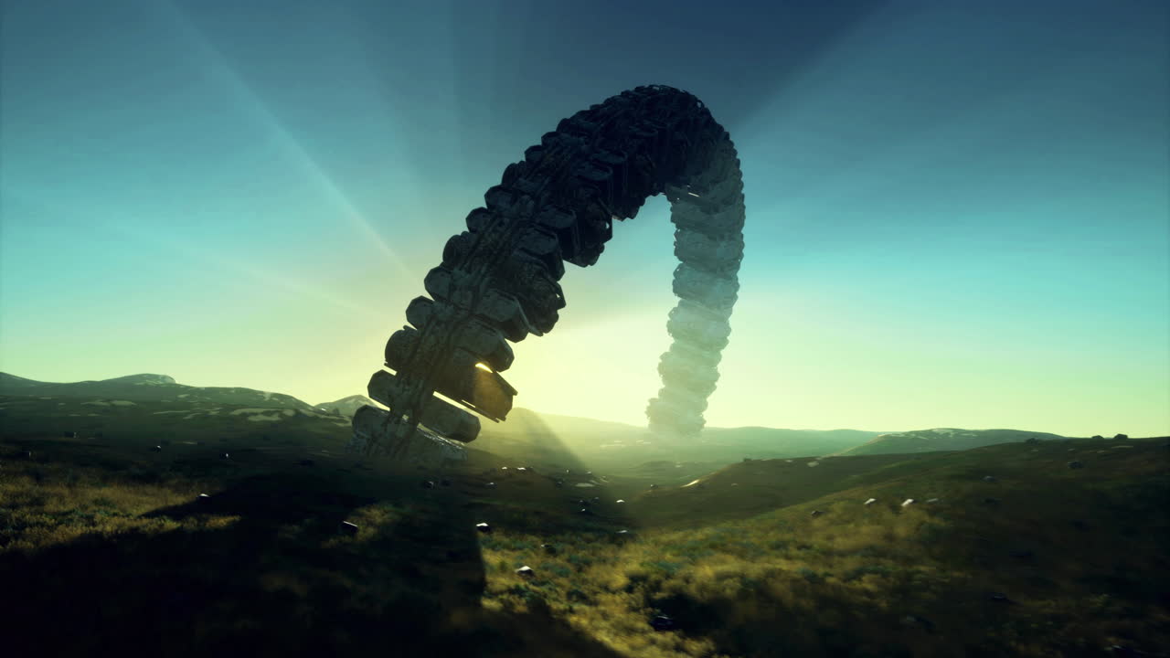 Mysterious alien ship hovers above lush landscape under a vibrant sky