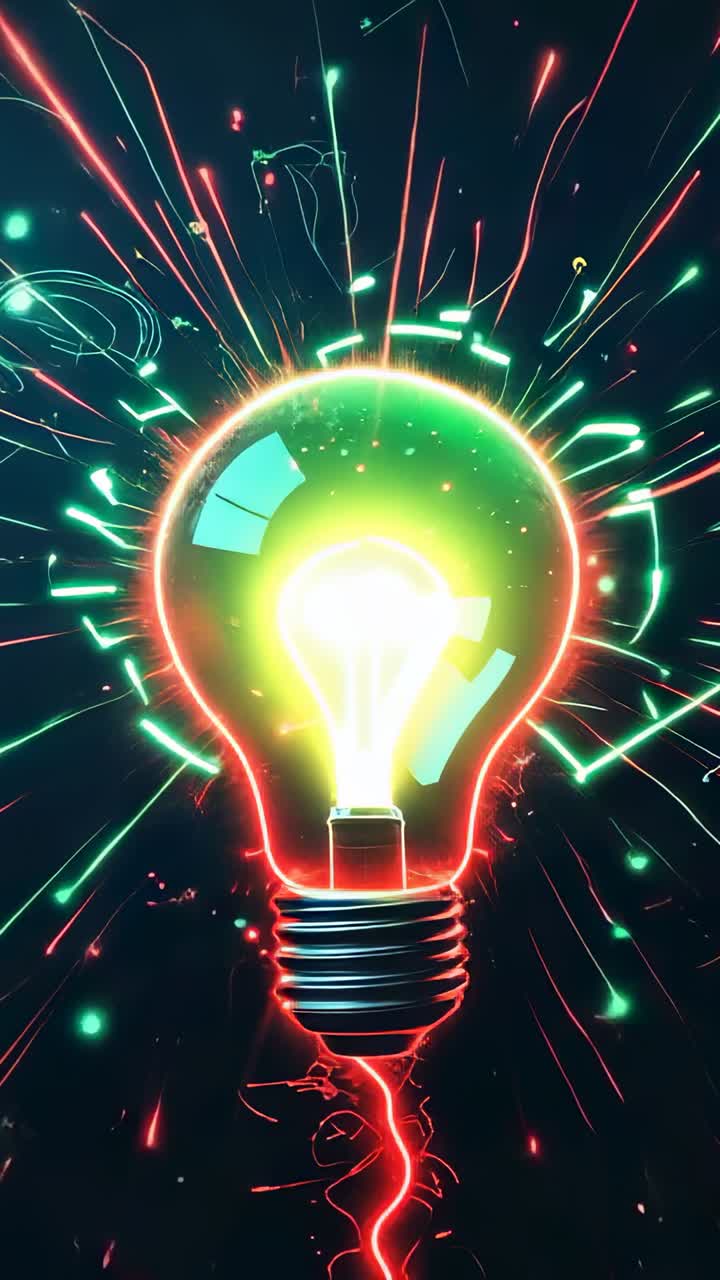 Vertical video: Starting dark void, neon red bulb pulsating with green glow, sending sparks outward