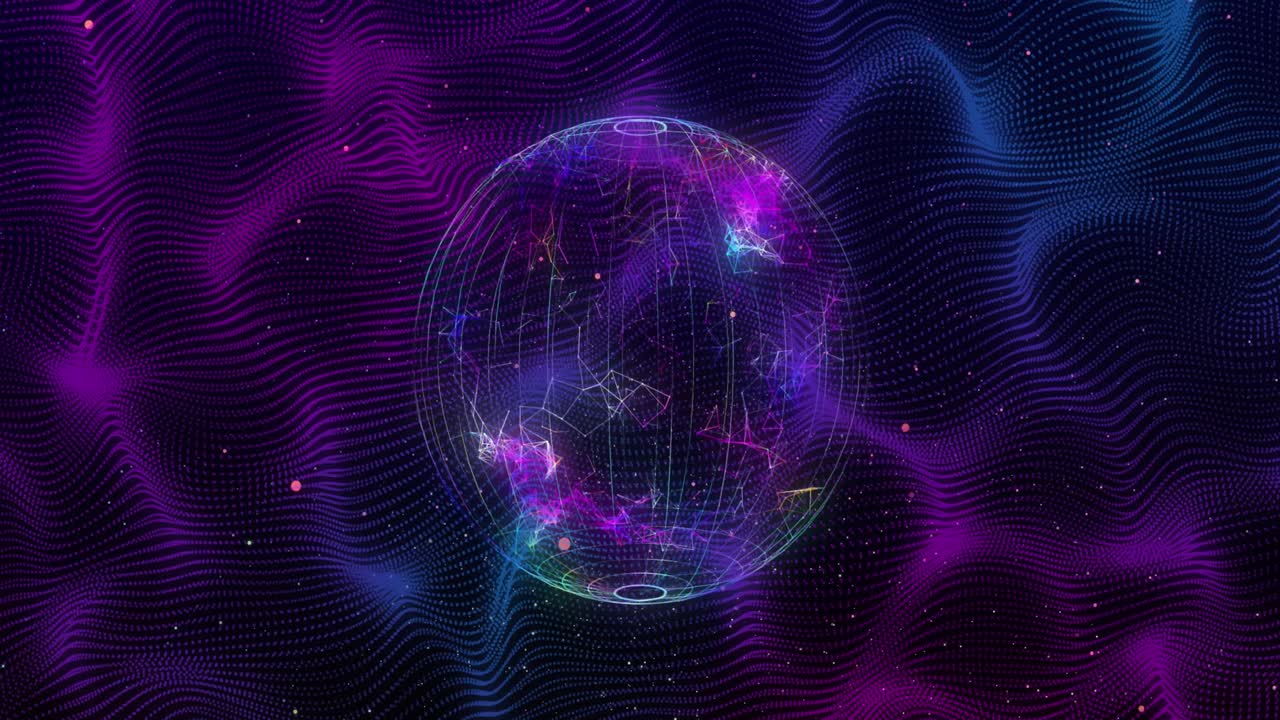 Animation of globe over purple shapes on black background