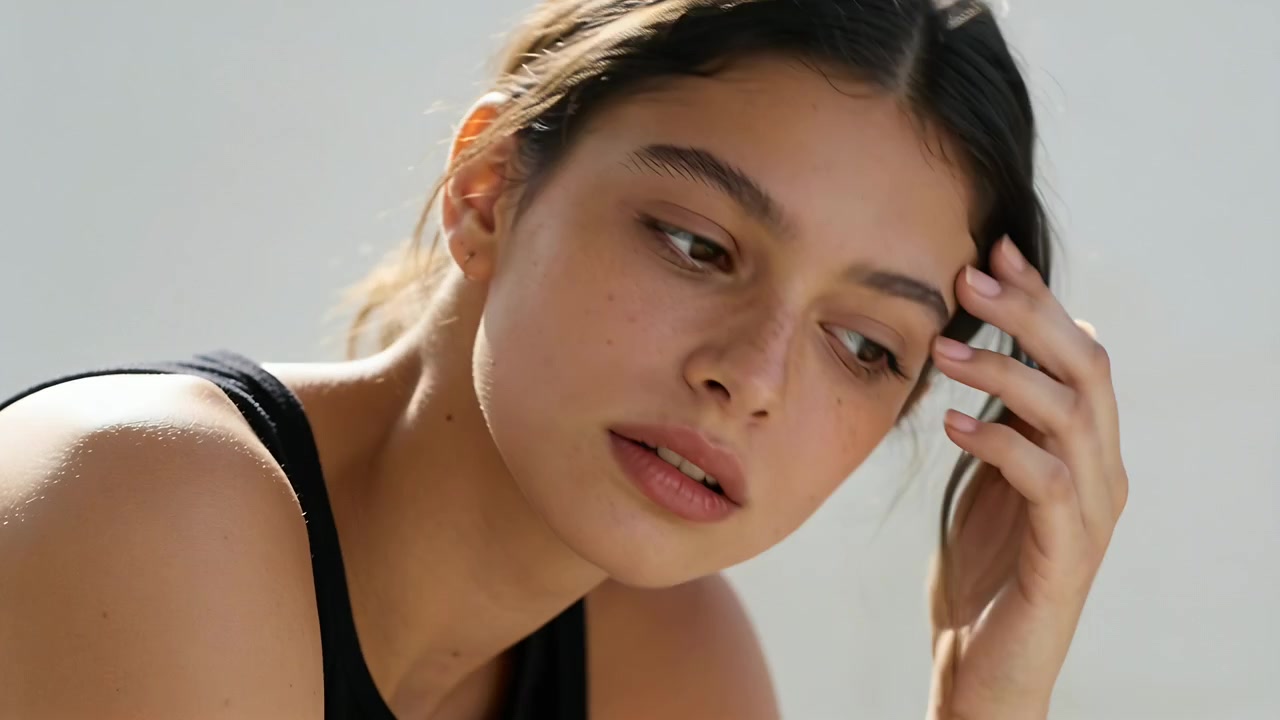 Reacting to off-camera sound woman opening eyes, tucking hair, rubbing eye, in black sleeveless top