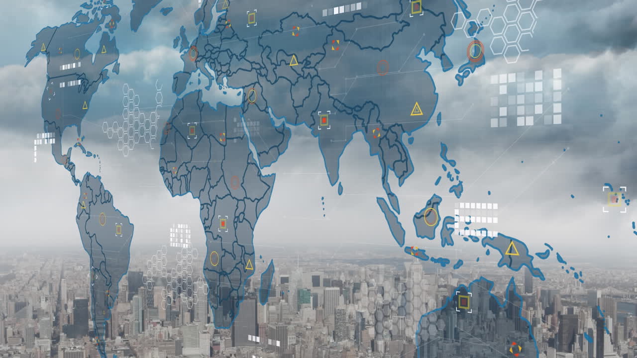 데이터 처리 및 도시 풍경에 대한 세계 지도의 애니메이션