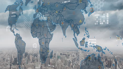 animación del procesamiento de datos y mapa del mundo sobre el paisaje urbano