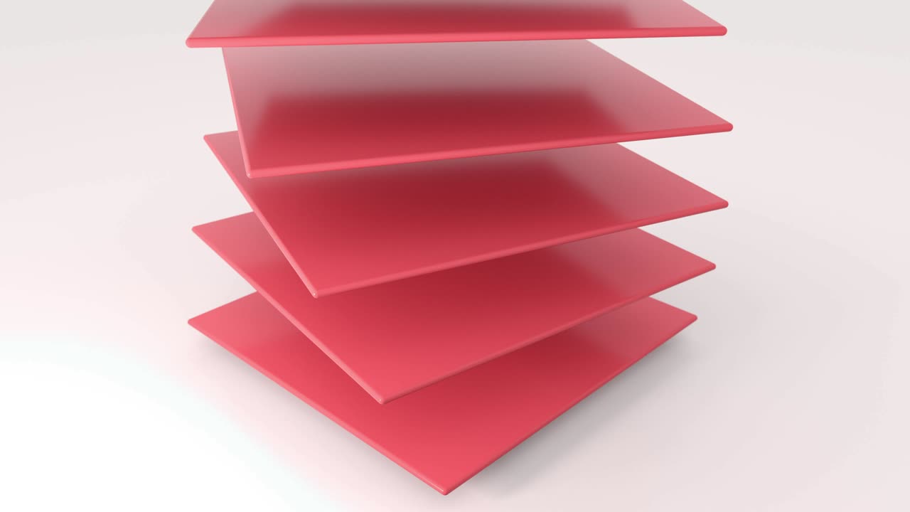 Set of different color plane flaying and rotating geometric shapes object. 4k seamless loop animation footage.
