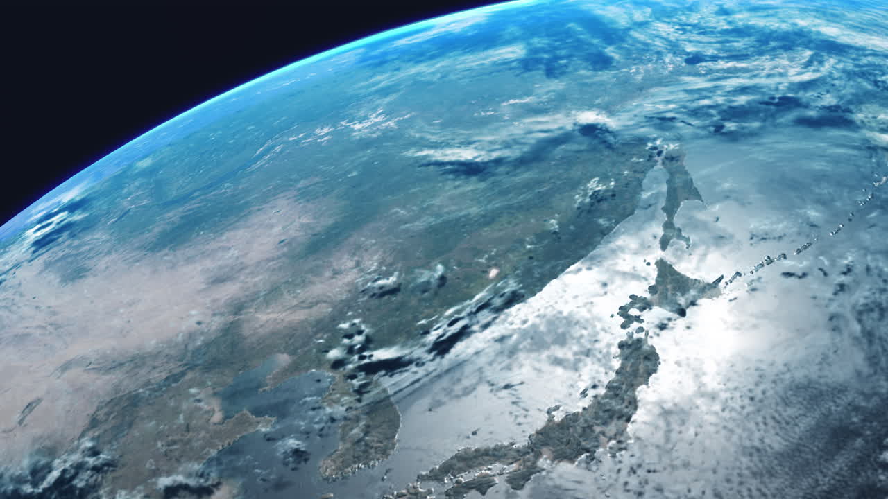 япония из космоса с вращающейся землей с видом с орбиты с динамичными облаками морской атмосферой и сильным отражением солнца на море японского океана