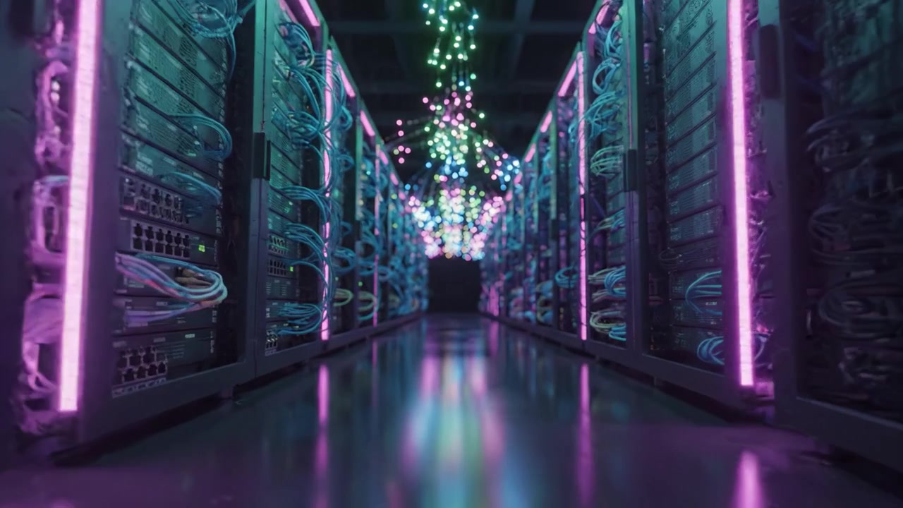 En betagende udsigt inde i et moderne datacenter, der viser serverracks oplyst af farverige lys, hvilket skaber en futuristisk atmosfære i den digitale tidsalder