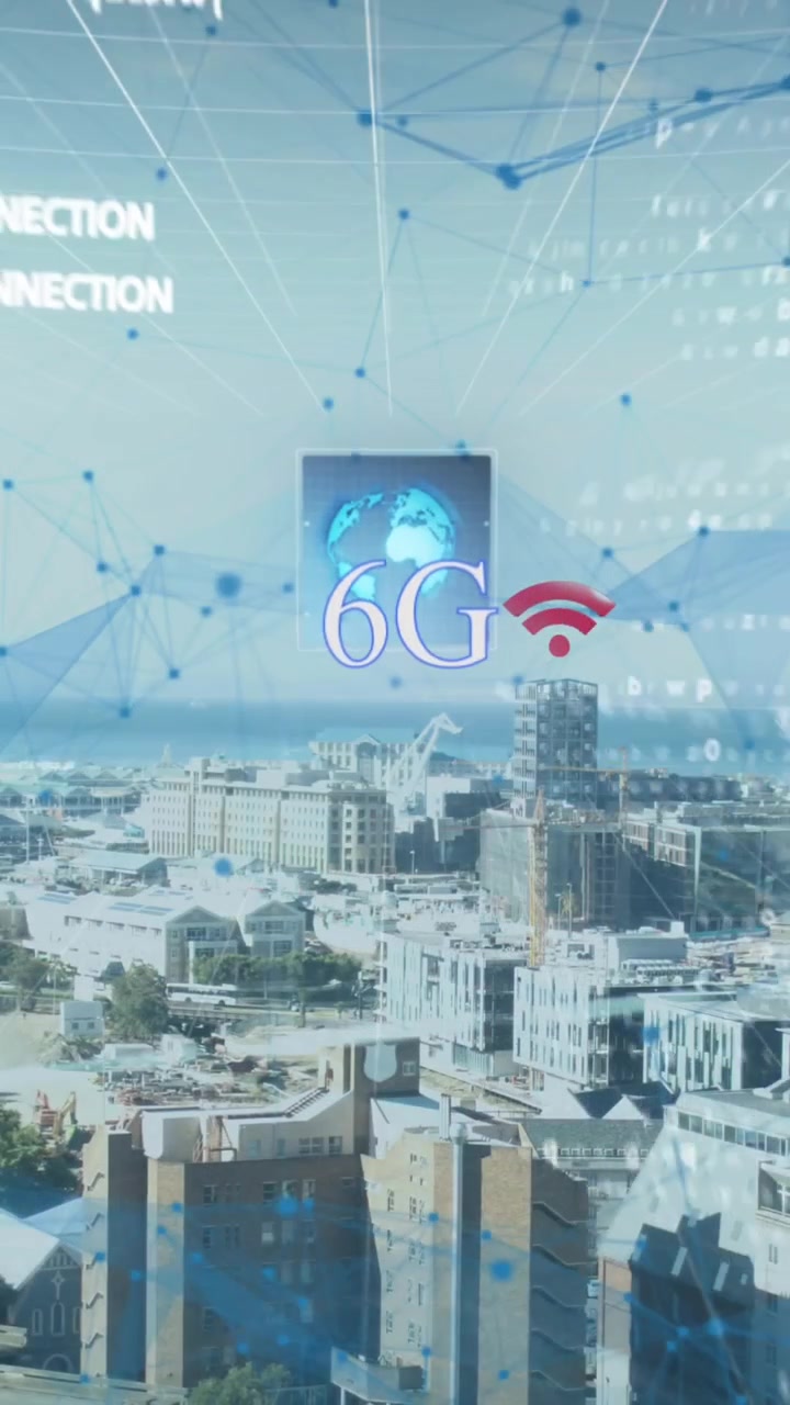 Animazione della scritta 6G, icone Wi-Fi, elaborazione dati e globo che gira sullo schermo su paesaggio urbano