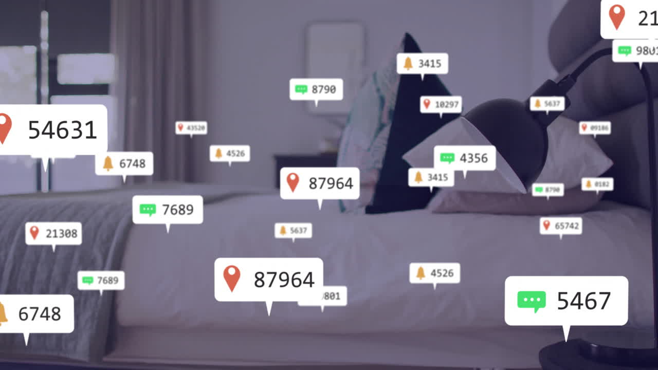 현대적인 침실 인테리어 디자인에 대한 위치 및 알림 아이콘을 애니메이션화합니다.